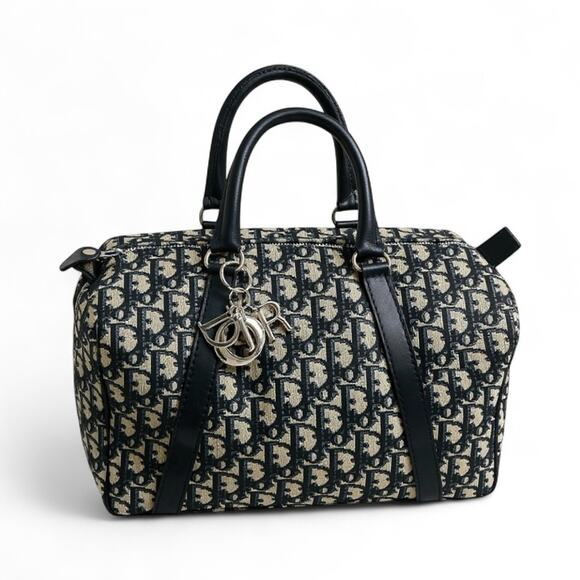 Christian Dior Trotter Boston Bag Dior Baggages Navy Monogram Canvas Handbag - Picture 1 of 17
